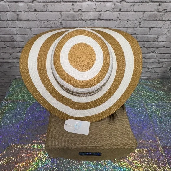 Time and Tru Striped Women's Sun Hat One Size Tan White Beach Floppy Hat NEW - Picture 7 of 11